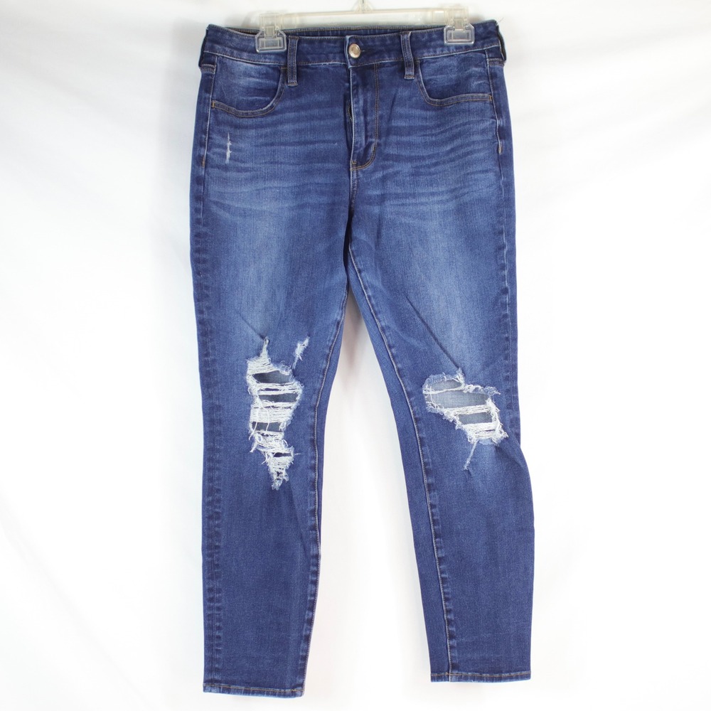 American Eagle Blue Medium Wash Hi-Rise Distressed Jegging Women's Size 12 Short